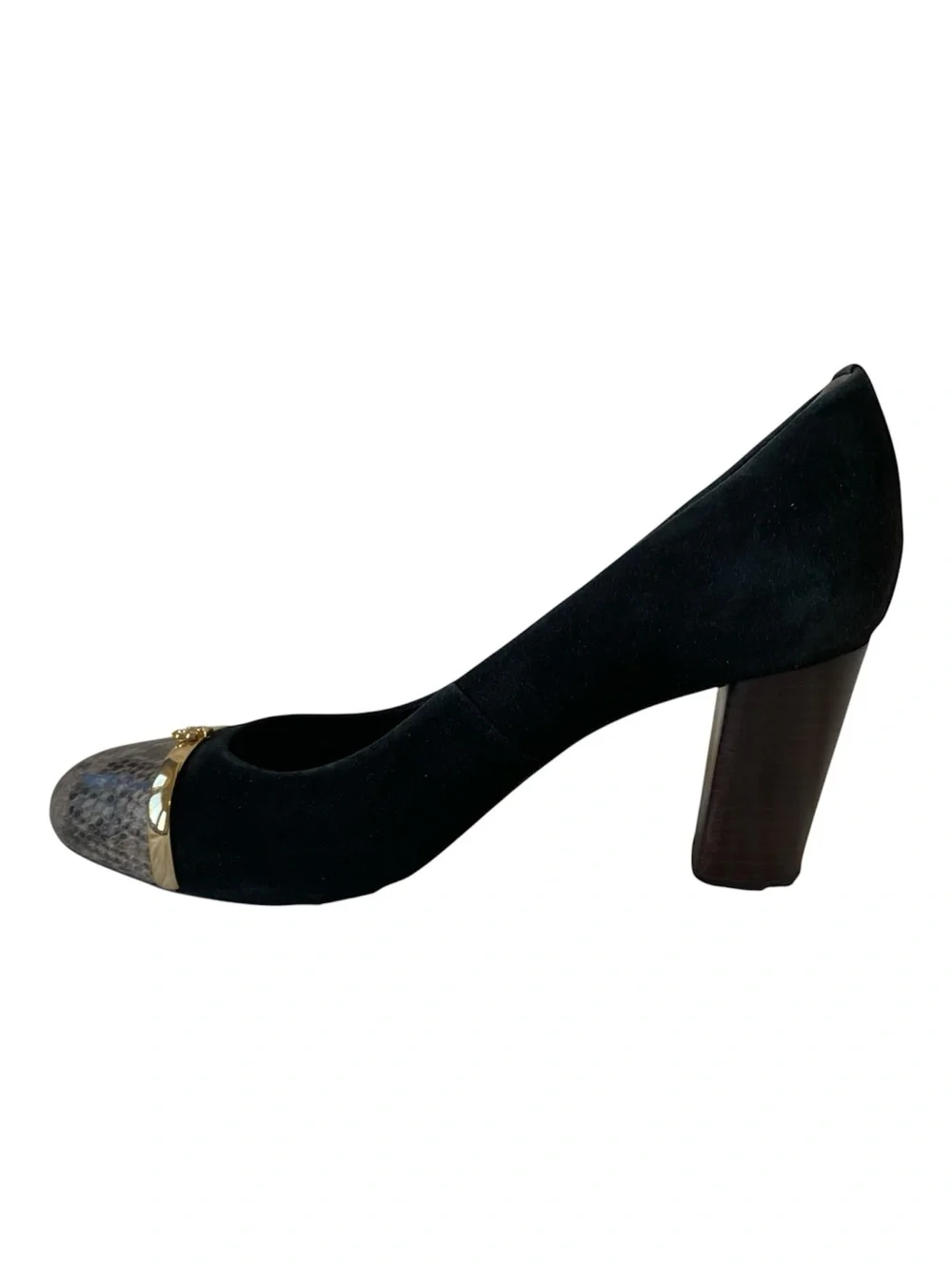 Tory Burch Pacey Black Suede Snake Cap Toe Block Heel Pumps Women’s 7